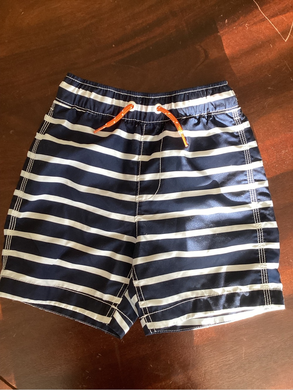 GAP Navy and White Striped Swim Shorts with Orange Drawstring